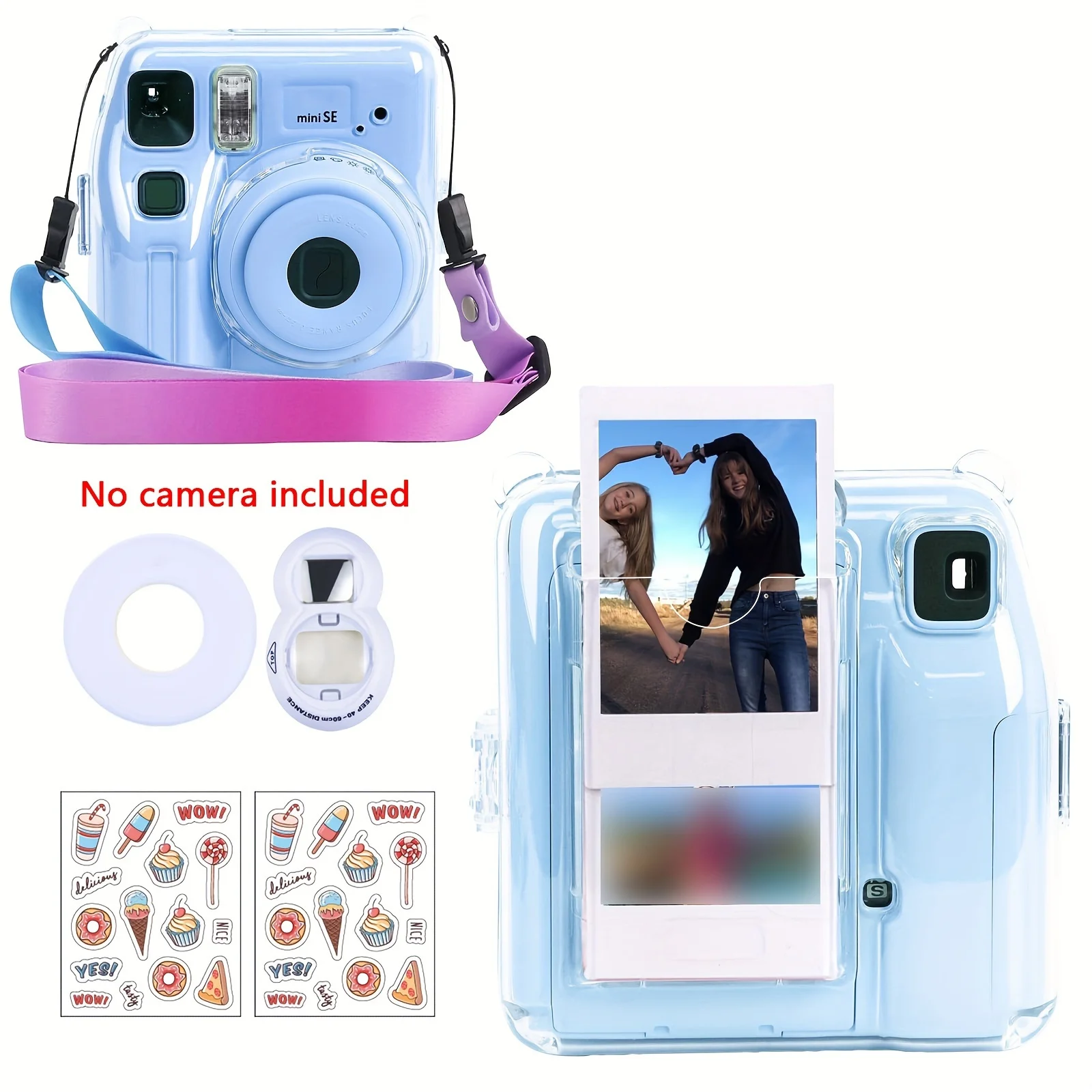 1 Set Camera Case for Instax Mini SE Camera-with Selfie Mirror, Stickers and Adjustable Strap-(Camera Not Included)