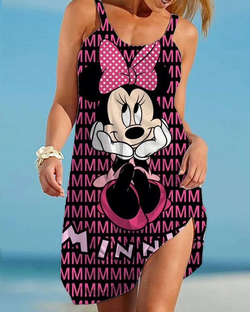 

Womens Cartoon Slings Disney Sleeveless Chic Elegant Evening Dress Boho Sexy Mickey Minnie Top Loose Print Robe Women