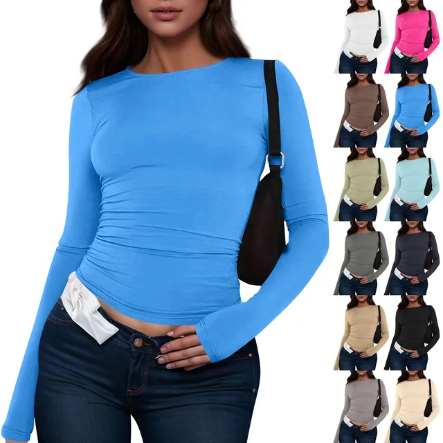 Women Fashion Casual Long Sleeve T Shirt Lady Minimalist Style Solid Color Round Neck Top Female Casual Skinny Daily Clothes 1