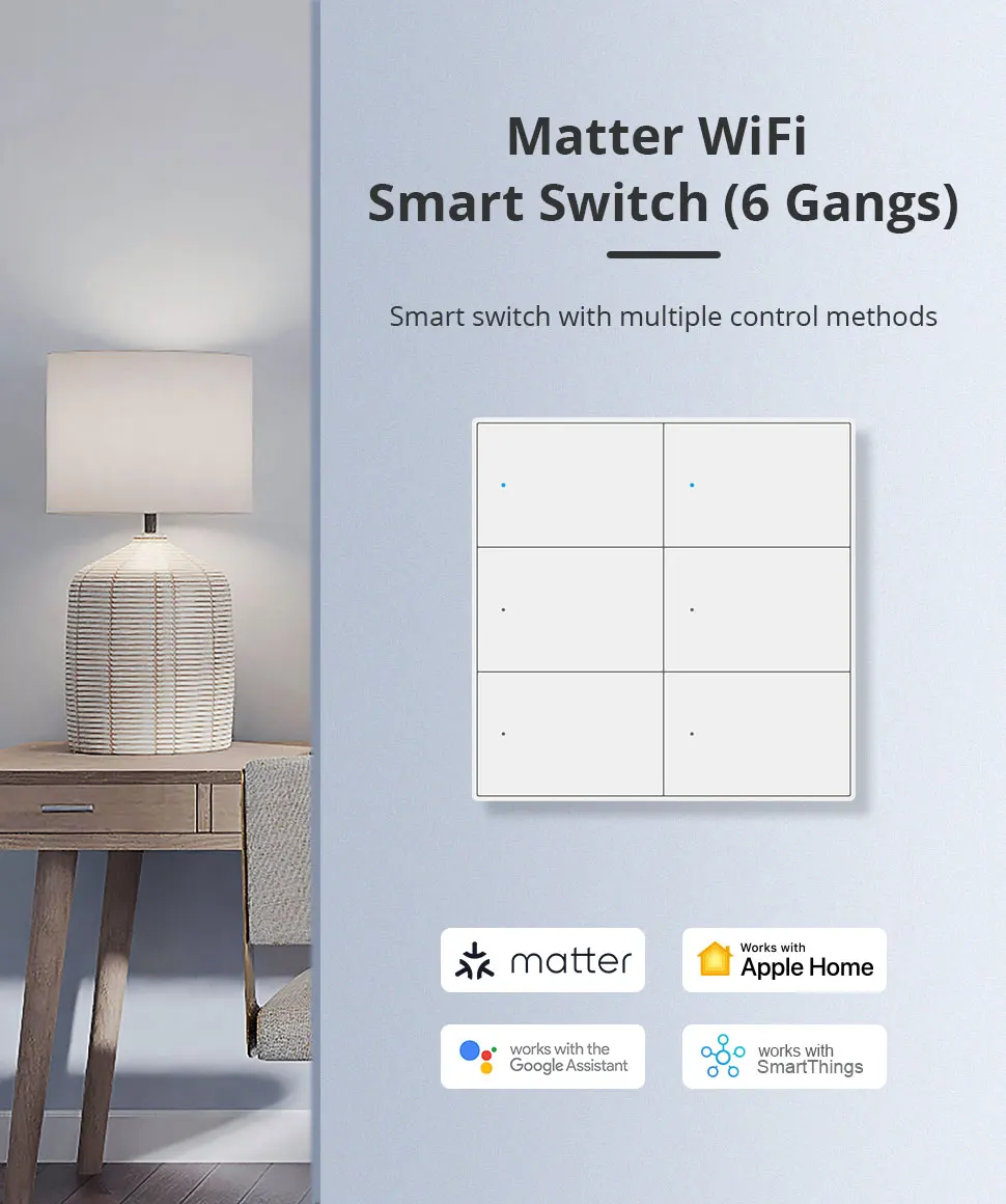Matter Over WiFi Smart Wall Light Switch 1 2 3 4 6 Gangs with Neutral Switch US