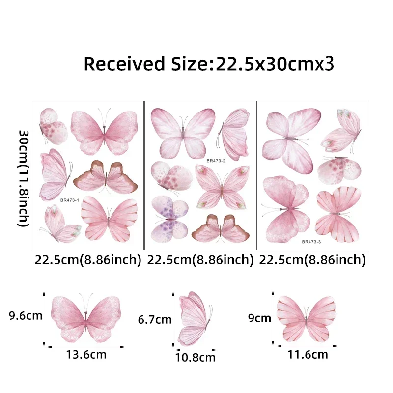 17Pcs Watercolor Soft Pink Flying Butterflies Pattern Wall Stickers for Kids Room Baby Nursery Room Girl Room Wall Decals Decor