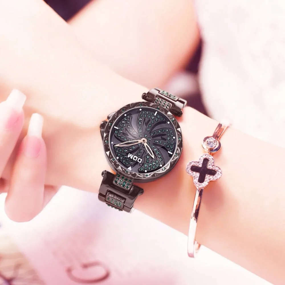 DOM Luxury Fashion Lady Watch Stainless Steel Dress Women Bling Rhinestone Watch Quartz Wrist Watches Ladies Gift G-1258BK-1MF