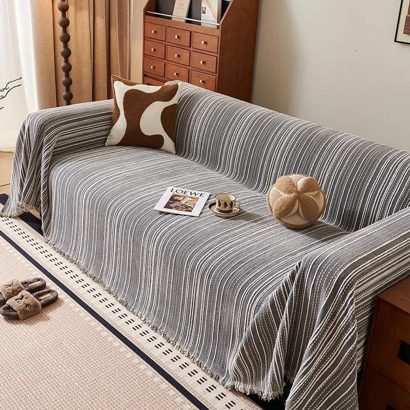 Simple Solid Color Sofa Cover Green Chenille Stripe Pattern One-Piece Sofa Towel Universal Sofa Covers Decor Living Room 4