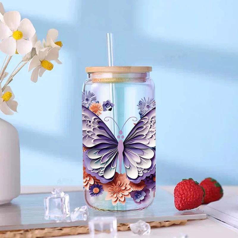 Beautiful Flower Butterfly UV DTF Transfer Sticker For Wraps Cup DIY Waterproof 3D Stereoscopic D11516