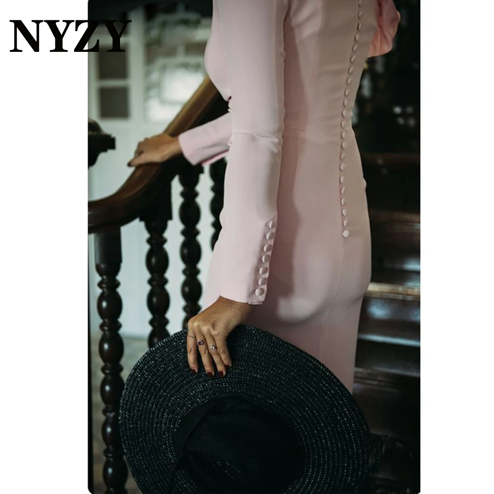 NYZY M311 Elegant Sheath Long Sleeves Pink Cocktail Dresses Wedding Party Evening Formal Gowns