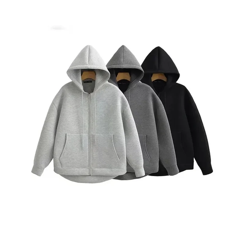Women Fashion Casual Zipper Top Hoodie Street Style Vintage Solid Long Sleeve Loose Outerwear New Autumn Winter Hoodies
