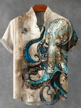 Linen Shirt Premium Hawaiian Octopus Short-Sleeve Breathable Men's Top