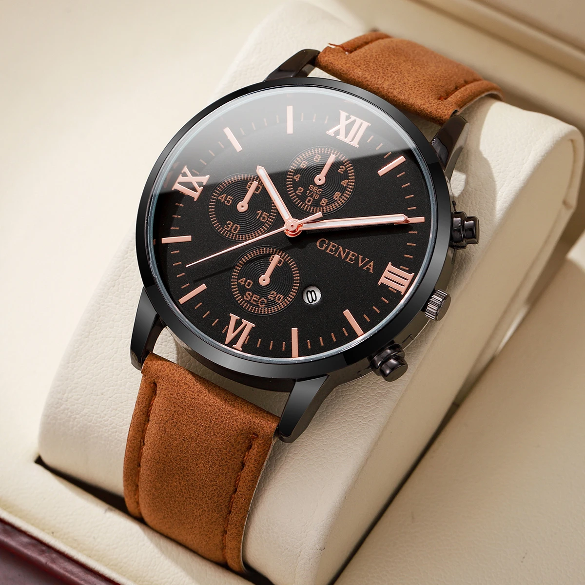 1/2PCs Men's Casual Calendar Watch Fashionable Men's Temperament Leather  Quartz Watch Unisex Watch Set(Box Not Included) 2