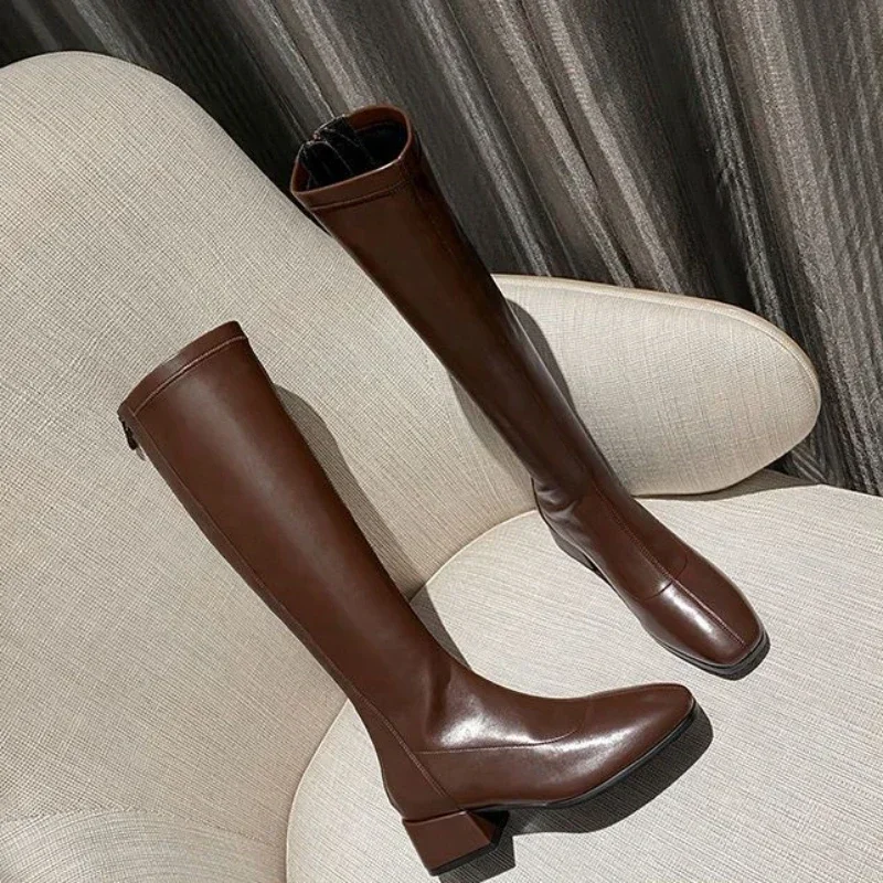 

2023 Novelty Fashion Ladies Boots Elastic Middle Heel Footwear Square Toe Shoes Women New in Designer Luxury Winter