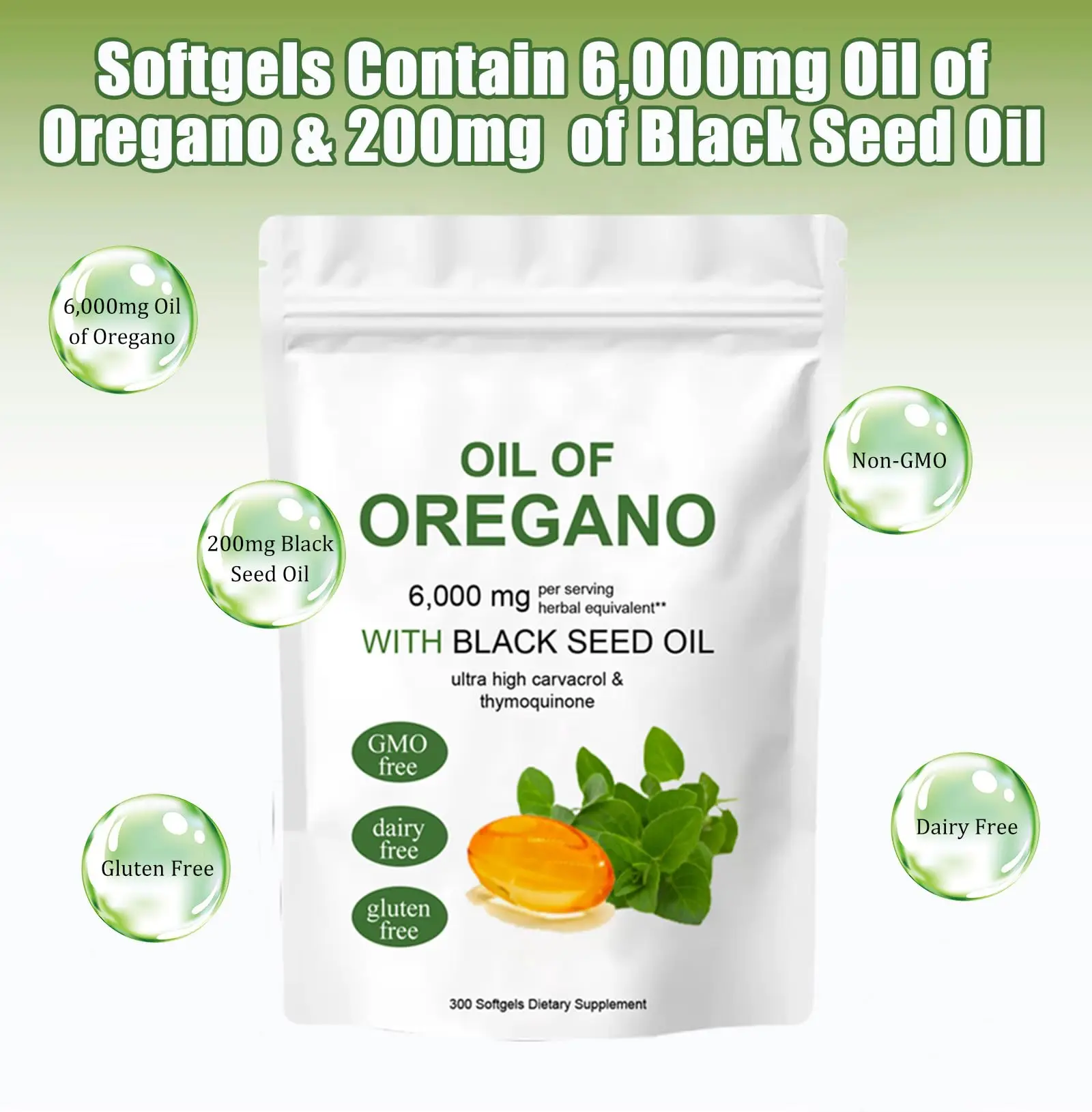 Oil of Oregano Softgels 2 in 1 6000mg Oregano Oil Supplement Capsules with Black Seed 200mg Non-GMO Gluten Free 300 Capsule organic capsules