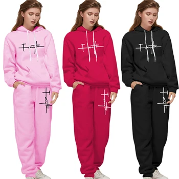 Women's Casual Tracksuit 2pcs Set Hoodie and Sweatpants Faith Printed Sportswear High Quality Ladies Home Outdoor Fashion Outfit 1