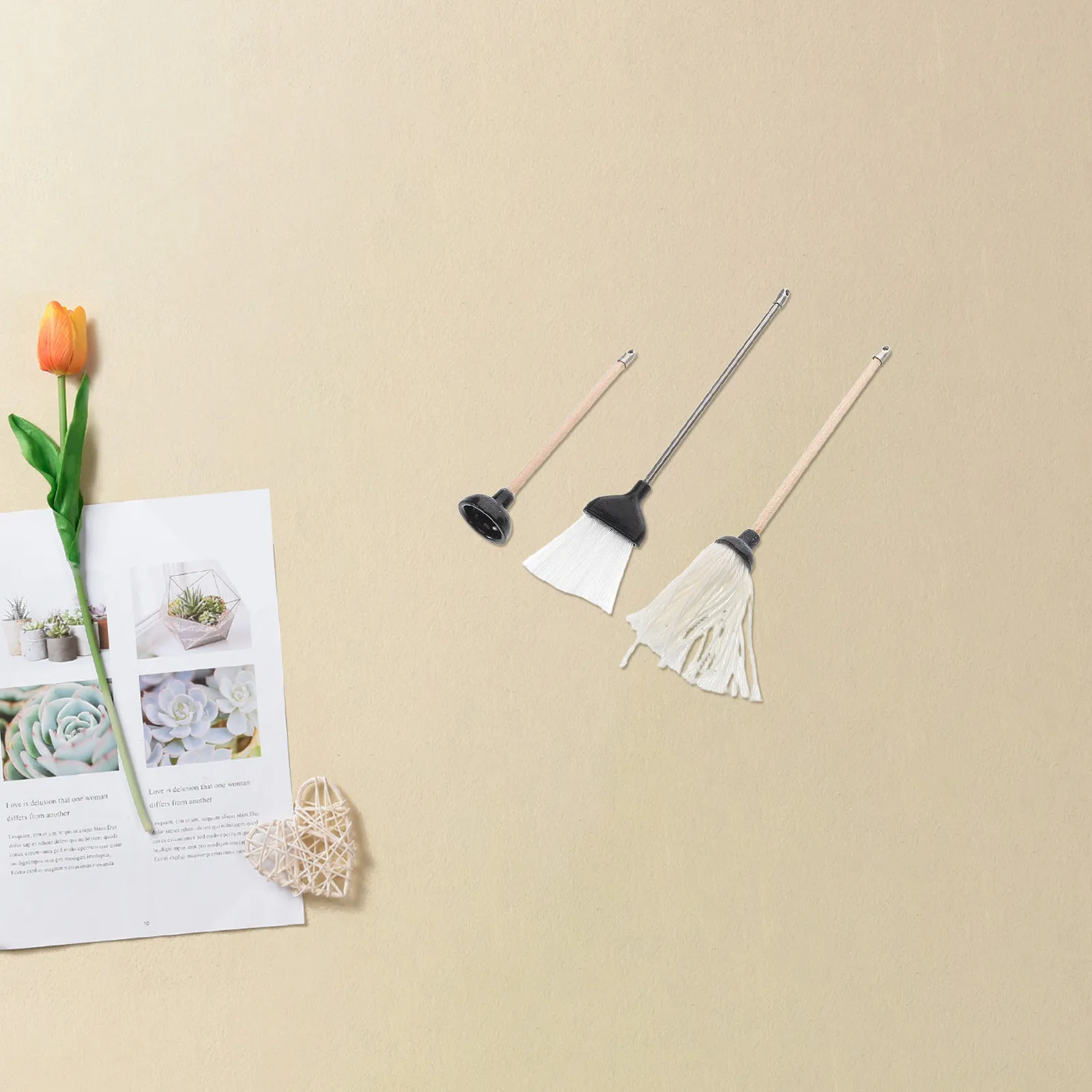 1 세트 미니어처 청소 세트 블랙 인형 집 걸레 빗자루 화장실 플런저 현실적인 욕실 액세서리 장면 장식 미니