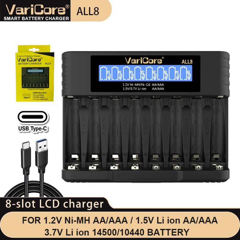 VariCore  ALL8  ALL4  USB Type-C For 1.2V Ni-MH AA/AAA 1.5V Li ion AA/AAA 3.7V Li ion14500/10440 Battery charger