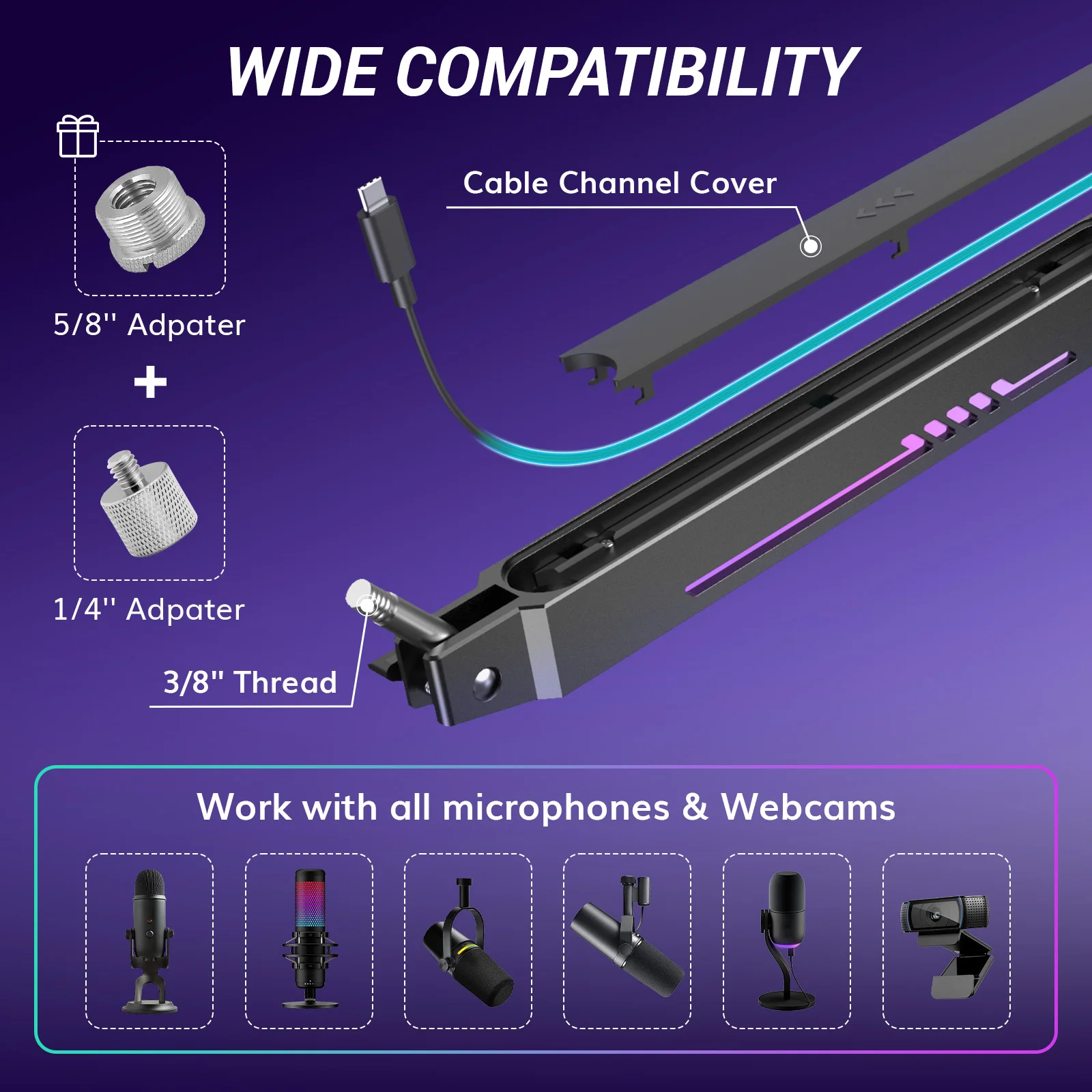 RGB Gaming Mic Arm with Controllable RGB Light and Cable Management