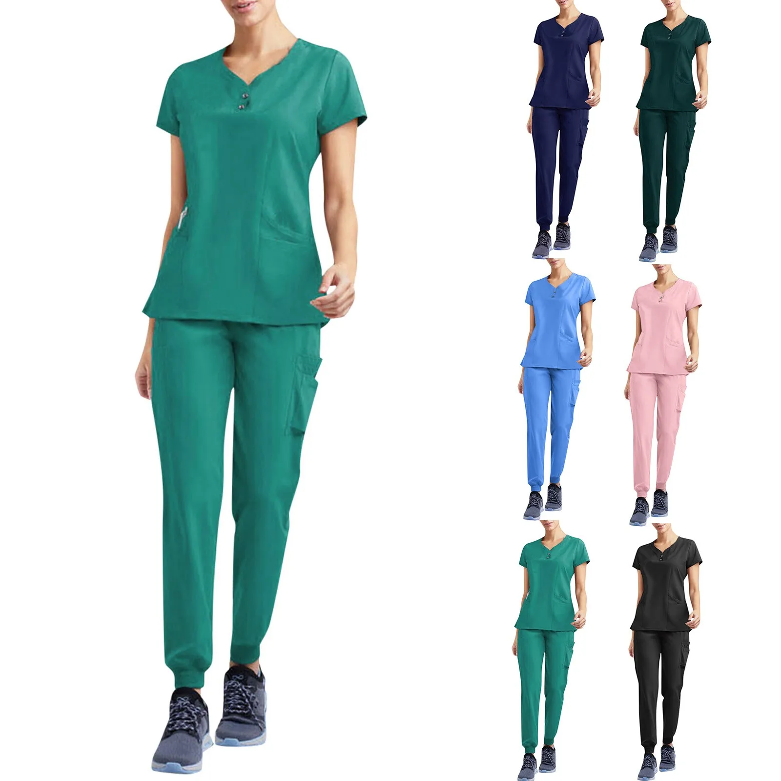 

Women's Casual Short Sleeve V Neck Nursed Working T Shirts Top With Pocket And Pockets Long Pants Solid Color Set Outfit