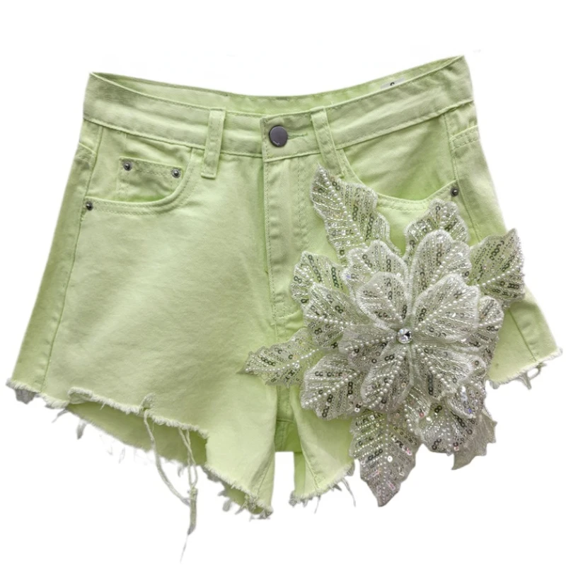 Green Denim Shorts Women's Summer New Korean Style Three-Dimensional Embroidered Flower Ripped Burr Straight Wide Leg Shorts