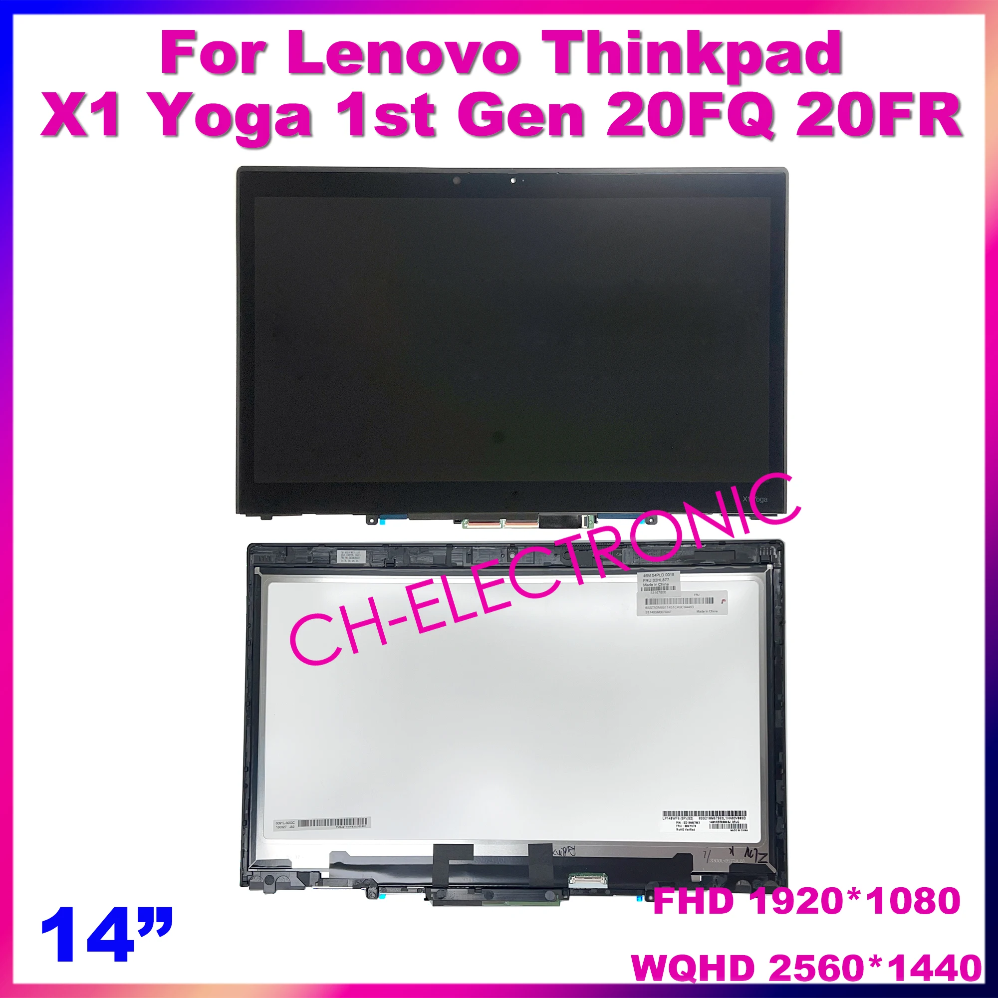 

14" FHD WQHD Lcd Touch Digitizer Assembly For Lenovo X1 Yoga 1st Gen Screen Replacement 20FQ 20FR 00UR189 00UR190 00UR191