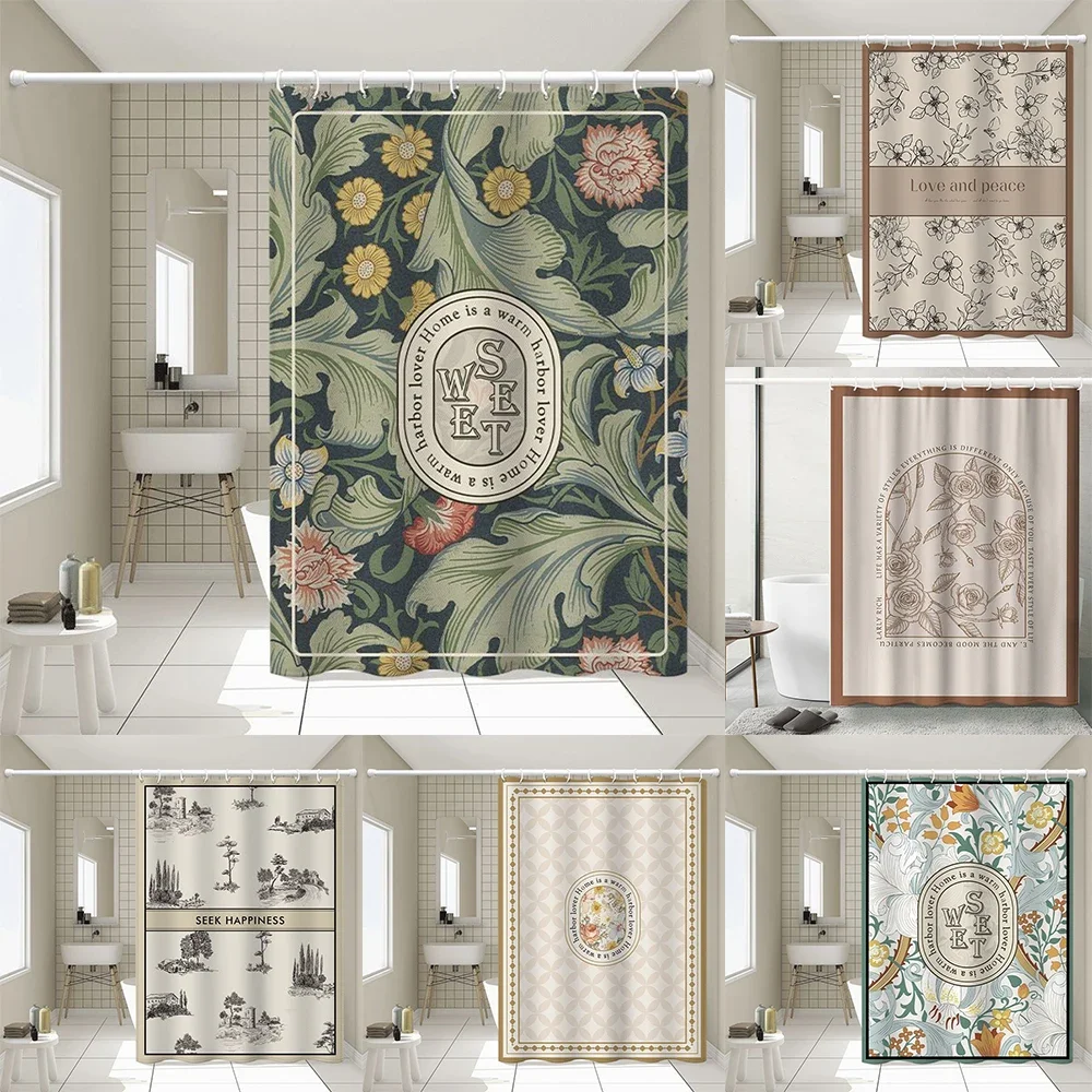 

Занавеска для ванной с зелеными листьями, простая коричневая занавеска для душа с геометрическим узором, занавеска для ванной из полиэстера, водонепроницаемая тканевая отделка с крючками