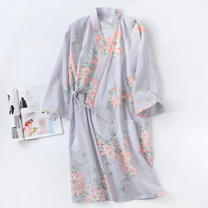 Half Sleeve Cotton Kimono Bathrobe Women's Nightgown Spring and Summer Floral Printed Lace Up Sweatshirt Night Gown
