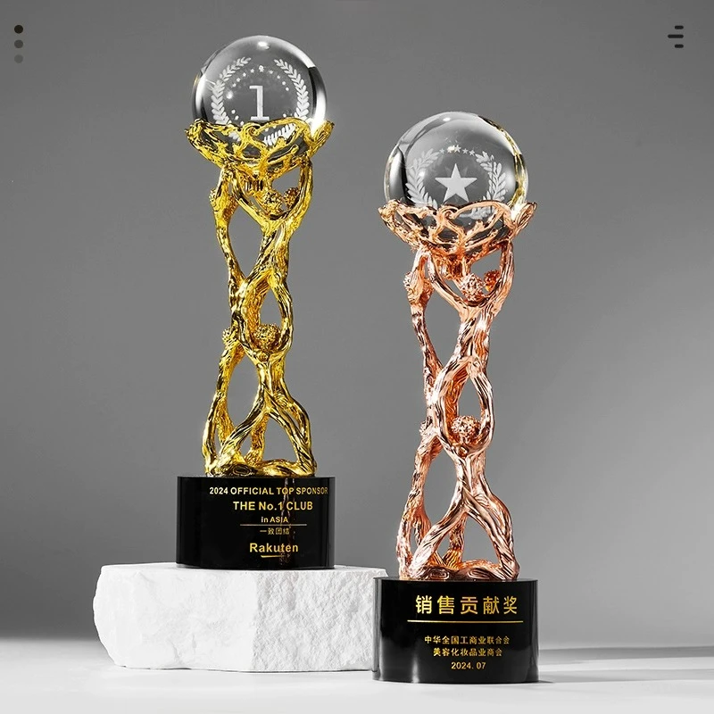 Customized Metal Trophy, Gold, silver, copper, Company Annual Meeting Excellent Employee Souvenirs Home Decor, Crystal Base, 1Pc