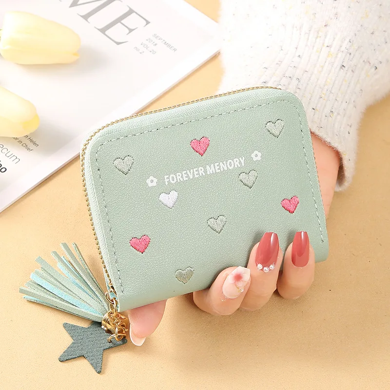 PU Leather Card Bag Mini Wallet Ladies Money Clip Love Embroidery Multifunctional Wallet Women Short Certificate Storage Bags