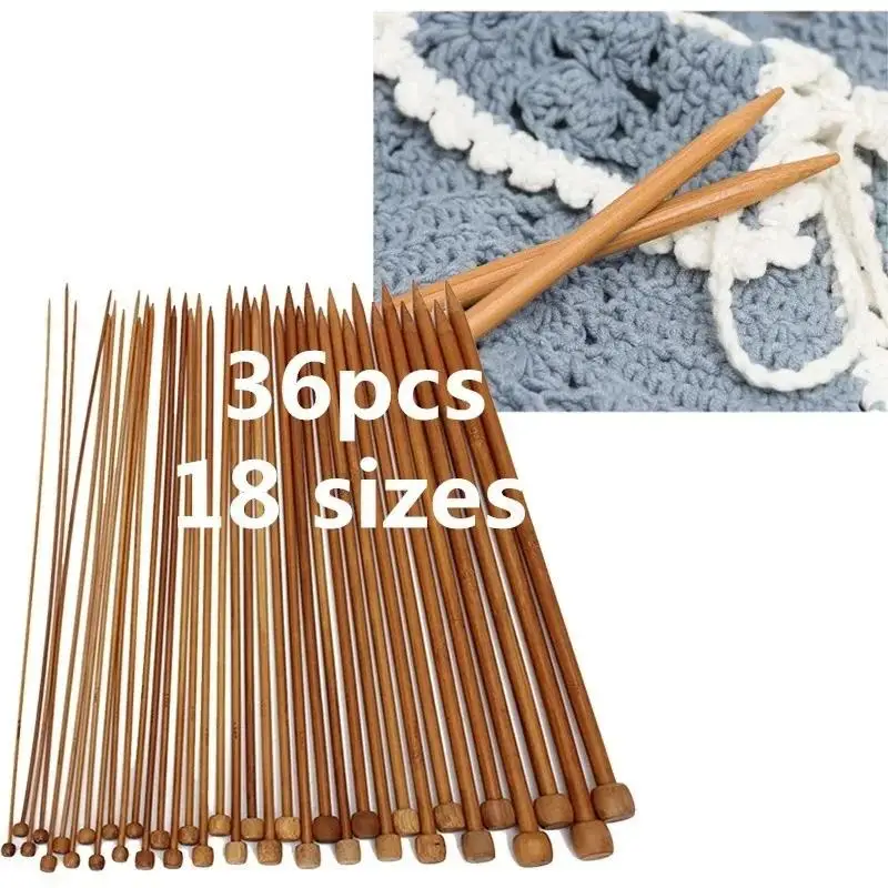 36PCS 18 Size Carbonized Bamboo Crochet Single Pointed Knitting Needles Sweater Needle with A Full Set of Beads home Supplies