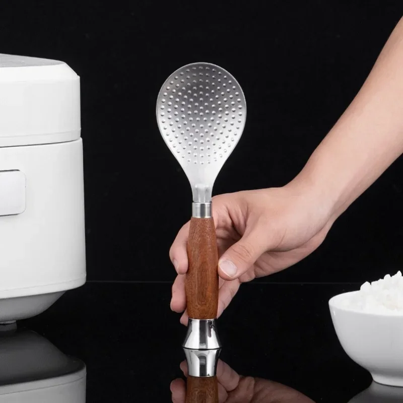 304 Stainless Steel Rice Spoon Upright Wooden Handle Thickened Rice Scoop Kitchen Cooking Cooker Accessory 1/2Pcs