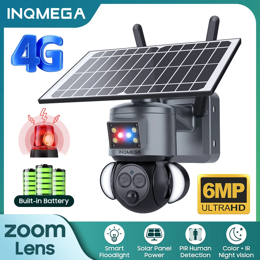 INQMEGA 4G SIM солнечная батарея Камера 12X ZOOM 6MP наружная камера видеонаблюдения Солнечная защита безопасности PIR монитор CCTV