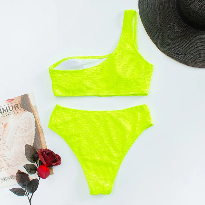 Textured Sexy Bikini 2022 Women Swimsuits High Waist Swimwear Women One Shoulder Bikinis Set New Neon Yellow Summer Beachwear