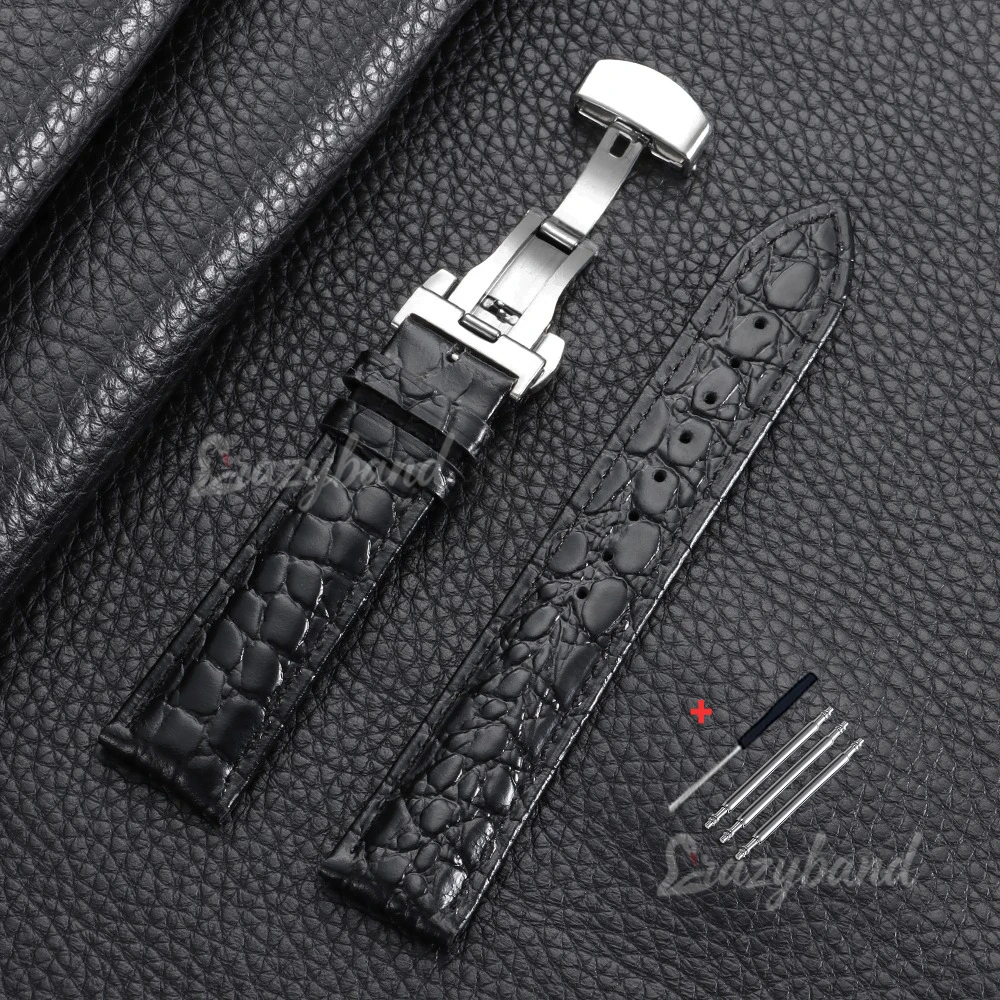Luxury Embossed Leather Watch Strap with Butterfly Clasp - Business Brown & Black Wristband