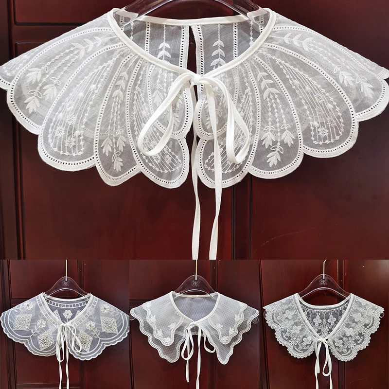 

Female Flower Embroidery Lace Collar Sequin Layer Tie Front False Collar Autumn Shawl Decoration White Winter Hollow Explosion