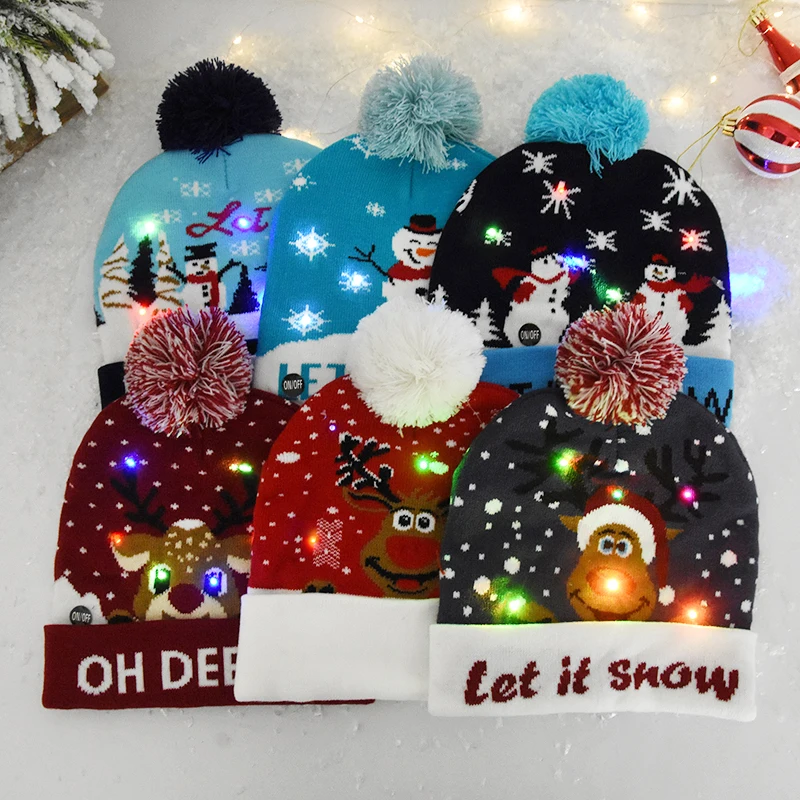 New Christmas Hat with Flashing LED Light Cartoon Santa Claus Snowman Elk Knitted Hat Cap Kids Adults New Year Christmas Gifts