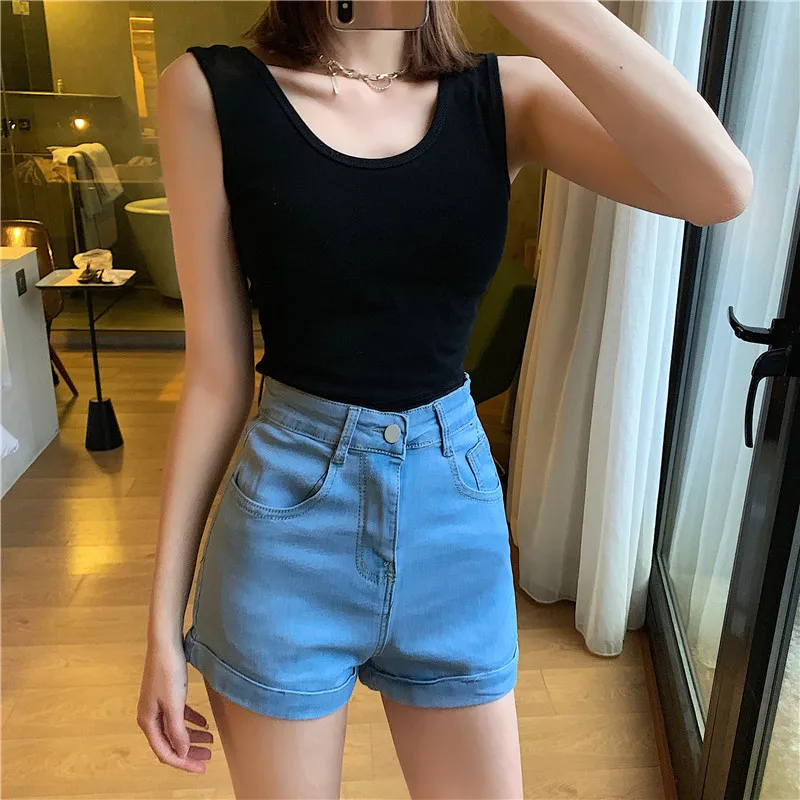 High Waist A-line Fashion Women's Denim Shorts New Summer Ultra Thin Straight Leg Tight Elastic Shorts Female Thin Hot Pants bike shorts