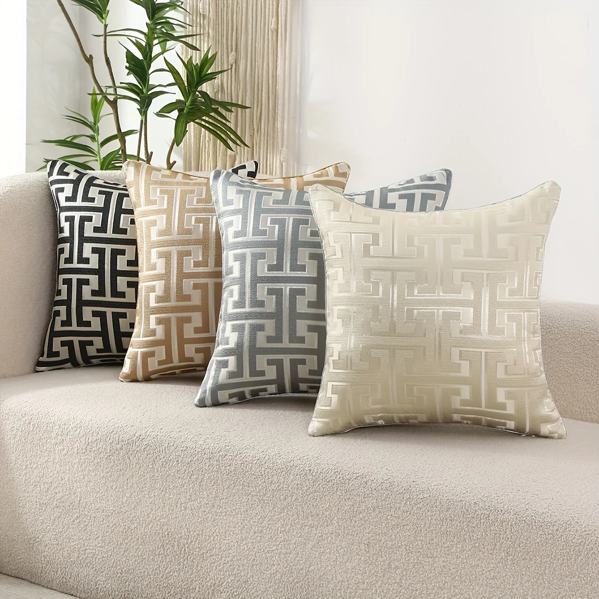 Geometric jacquard pillow covers in four neutral colors