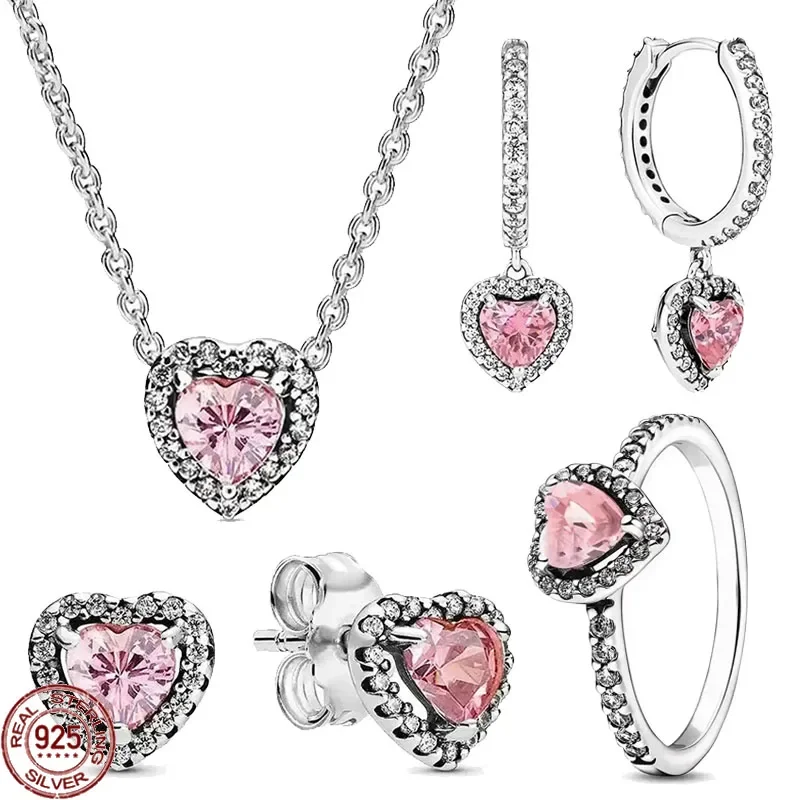

New 925 Sterling Silver Classic Pink Heart Series Exquisite and dazzling Necklace Ring Earrings Charming Women's Jewelry Gifts