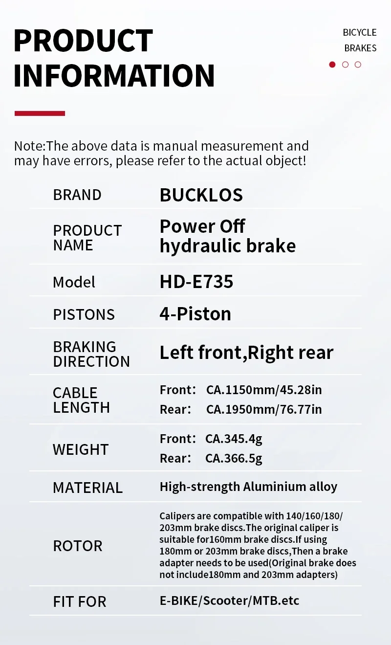 Description Picture 6 of itemBUCKLOS 4 Piston Electric Bike Hydraulic Brakes Power Off Front Rear E-Bike Brake Set Scooter Bicycle Oil Disc Brake MTB Parts
