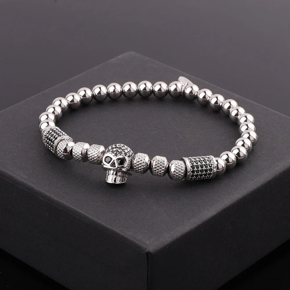 New Fashion Luxury CZ Pave Skull Charm Stainless Steel Beads Stretch Bracelet For Men Jewelry