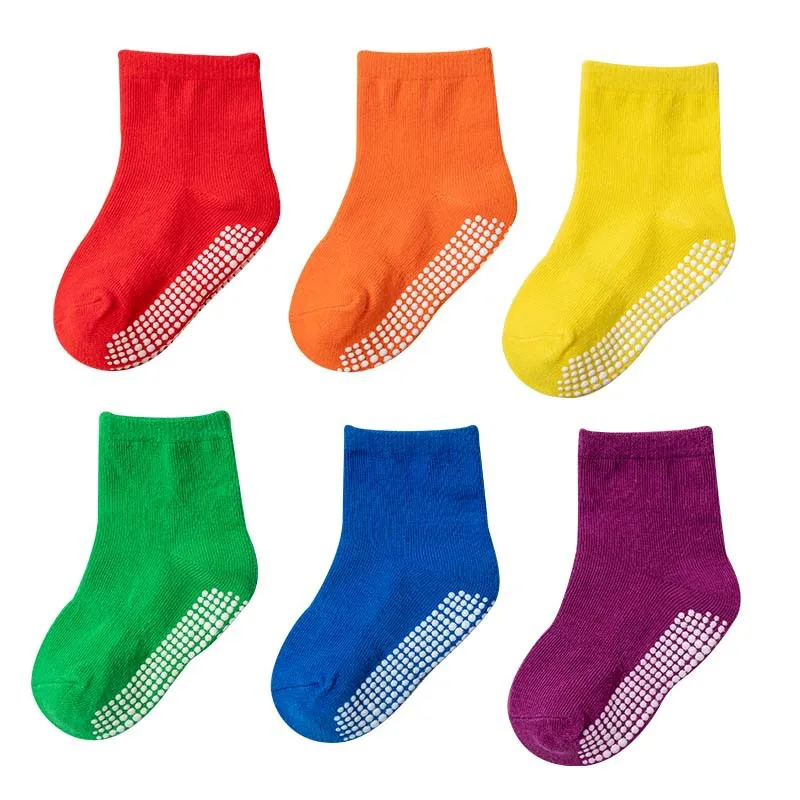 Calcetines antideslizantes de algodón para niño y niña, medias suaves y transpirables de Color sólido para primavera y otoño, lote de 6 pares