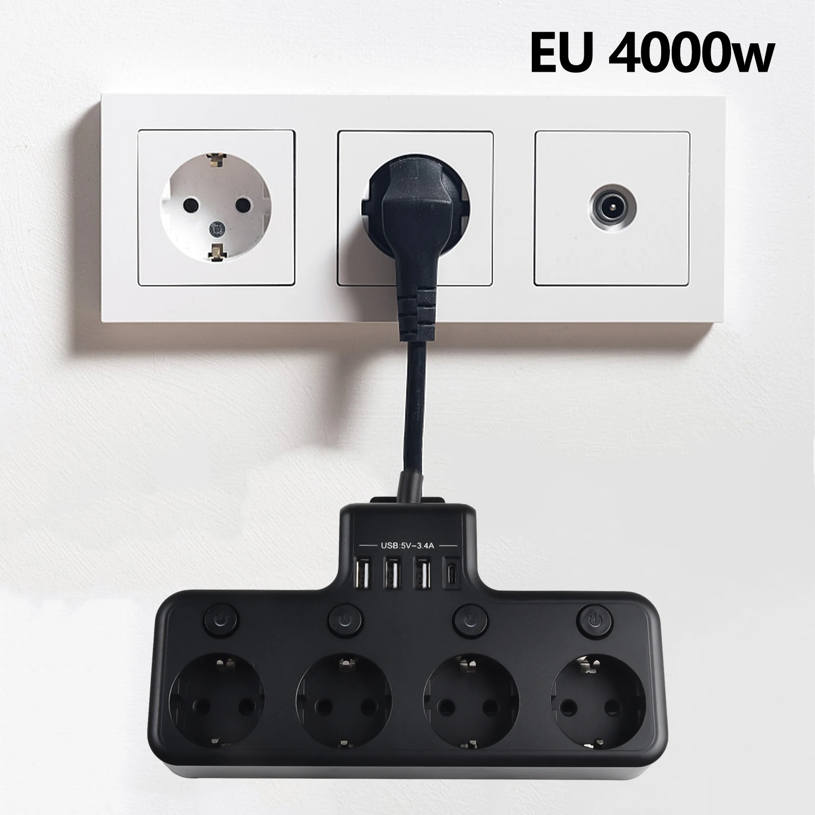 

1x 16A 4000W 4-Way Power Strip Individually Switchable Multiple EU Interpolated German Standard Multifunctional Socket-Black