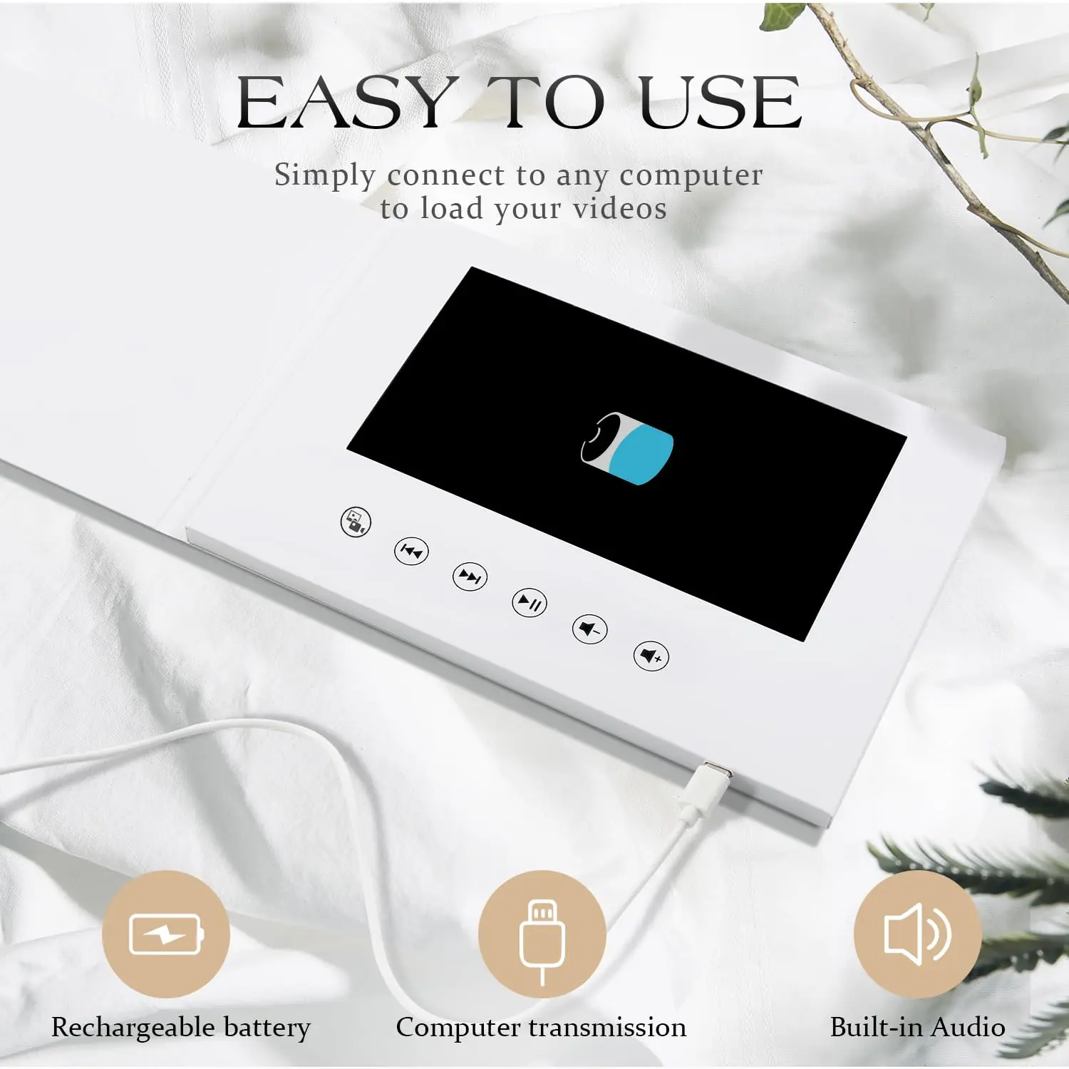 7" IPS HD Video Greeting Card-4GB Memory, Rechargeable Battery & Speaker DIY Blank Cover for Personalized Video Book Weddings