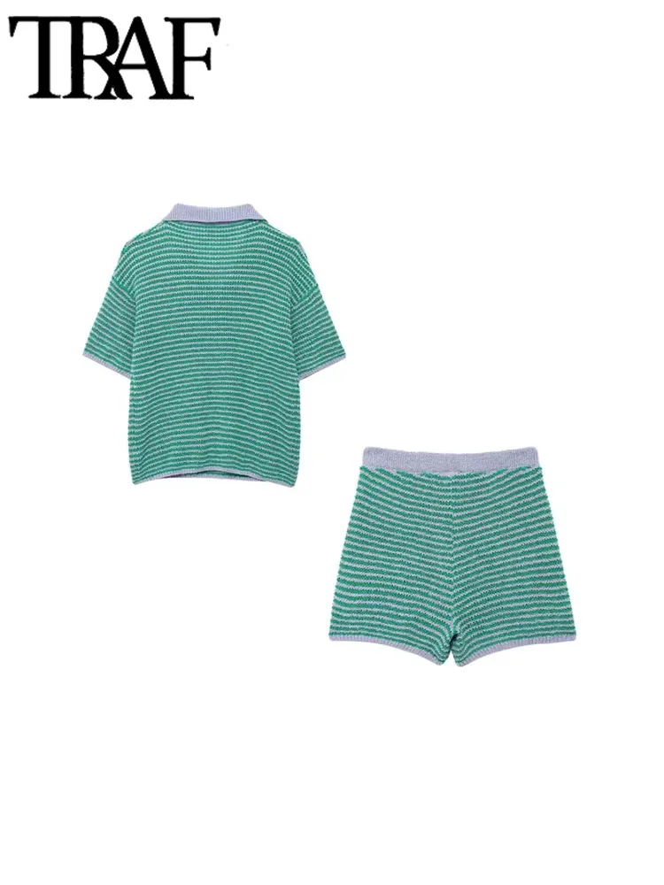 TRAF Women Fashion Polo Collar Striped Loose Knit Sweater And High Elastic Waist Shorts Female Two Piece Sets Mujer 3