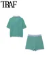 TRAF Women Fashion Polo Collar Striped Loose Knit Sweater And High Elastic Waist Shorts Female Two Piece Sets Mujer 3