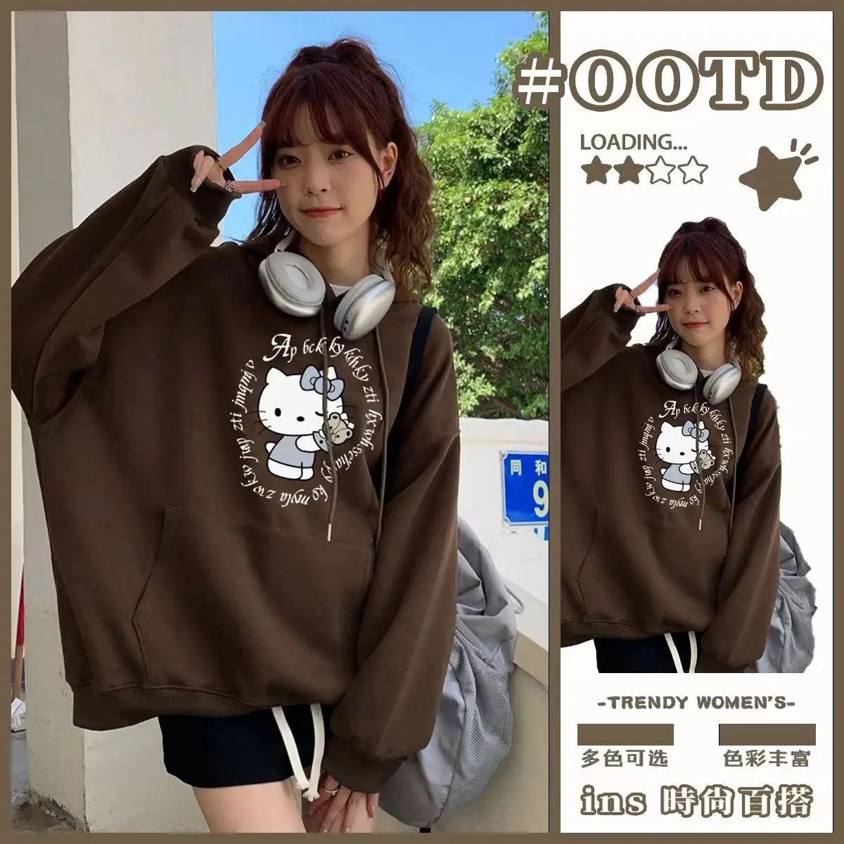 

Sanrio HelloKitty Autumn Cardigan Jacket Cute Female Student Autumn and Winter Silver Fox Velvet Top Printed Sweatshirt