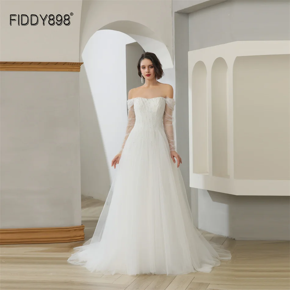 

FIDDY898 Off-the-shoulder Wedding Gowns A-line Long Sleeve Woman and V-neck for Bride Beads Bridal Dresses QW01121