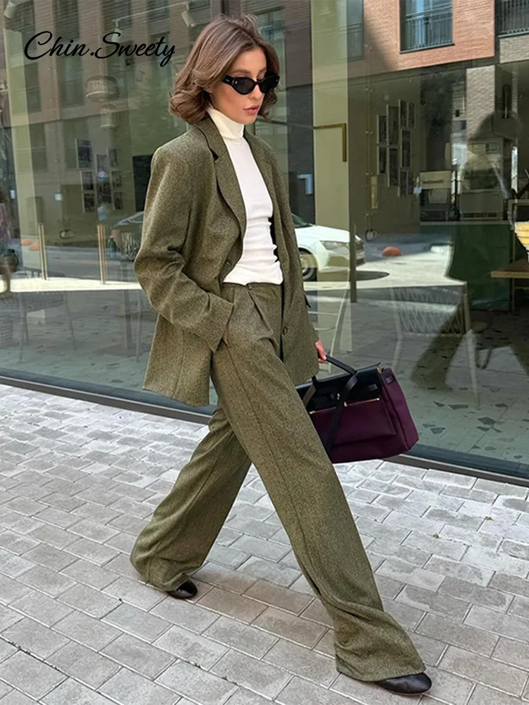 Elegant Coat Pant Sets Woman Fashion Lapel Long Sleeve Single Breasted Blazer Wide Leg Pants 2 Piece Set For Women Loose Outfits