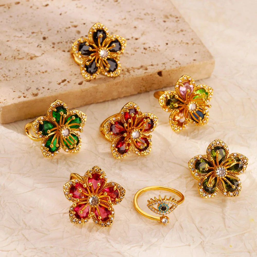 Green Zircon Flower Rings Gold Color Stainless Steel