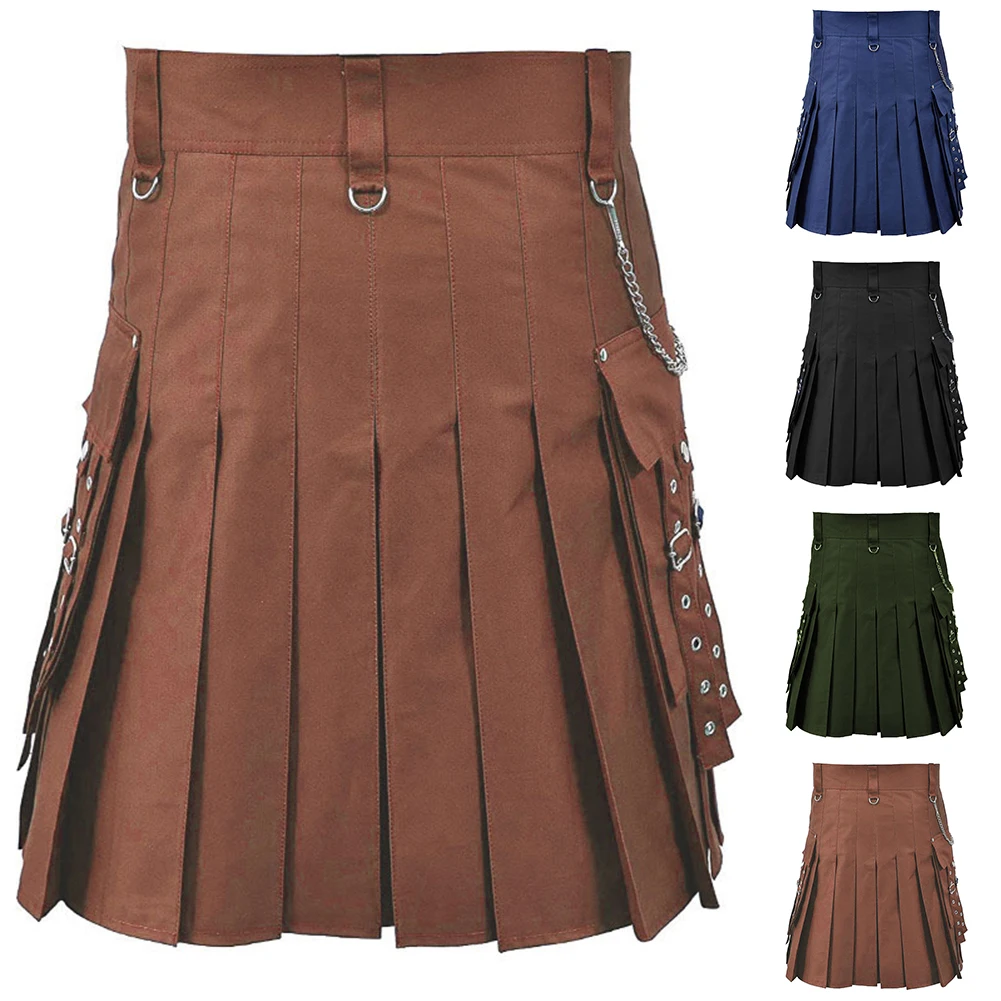 Scottish Festival Men Kilt Traditional Highland Dress Medieval Skirt Solid Color Contrasting Colors Punk Short Skirts