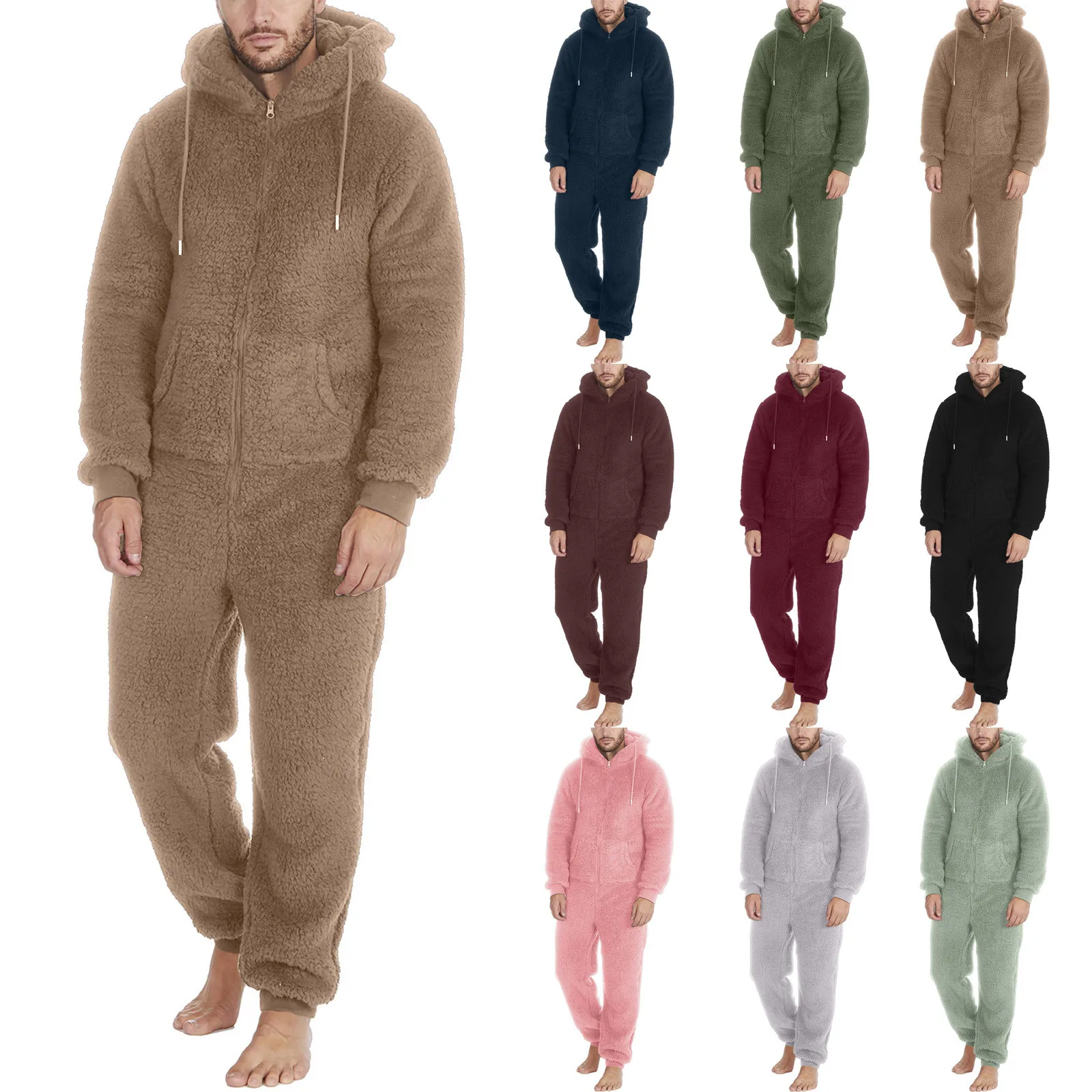 Men Plush Teddy Fleece Pajamas Winter Warm Hoodies Bodysuit Overalls Suits Sleepwear Daily Hooded Flannel Homewear Nightwear 5XL personality patchwork men tracksuits hoodies suits men hoodies pants two piece set autumn winter warm hooded pullover suits