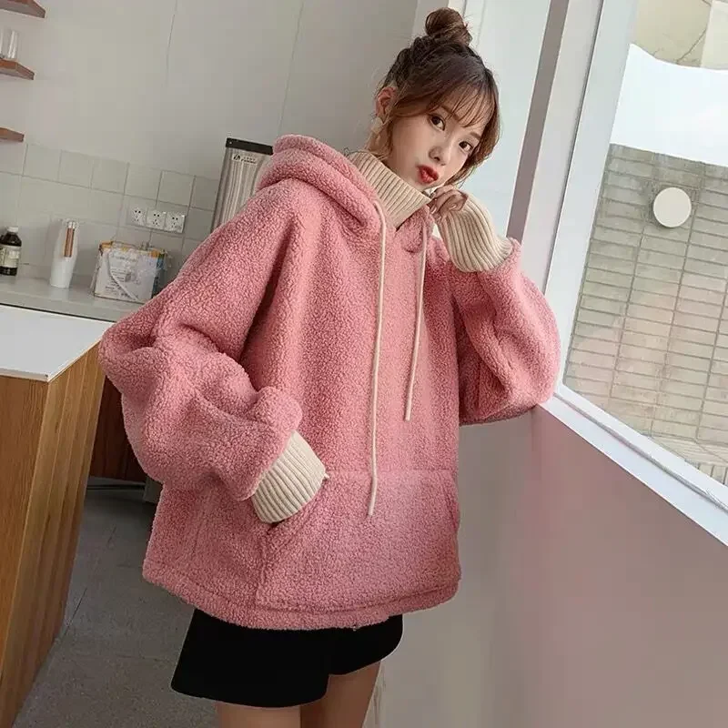 2024 Women Sweatshirt Spring Artificial Wool Hoodies Coats Warm Pullover Ladies Casual Winter Parka Outerwear Lamb Cashmere Tops