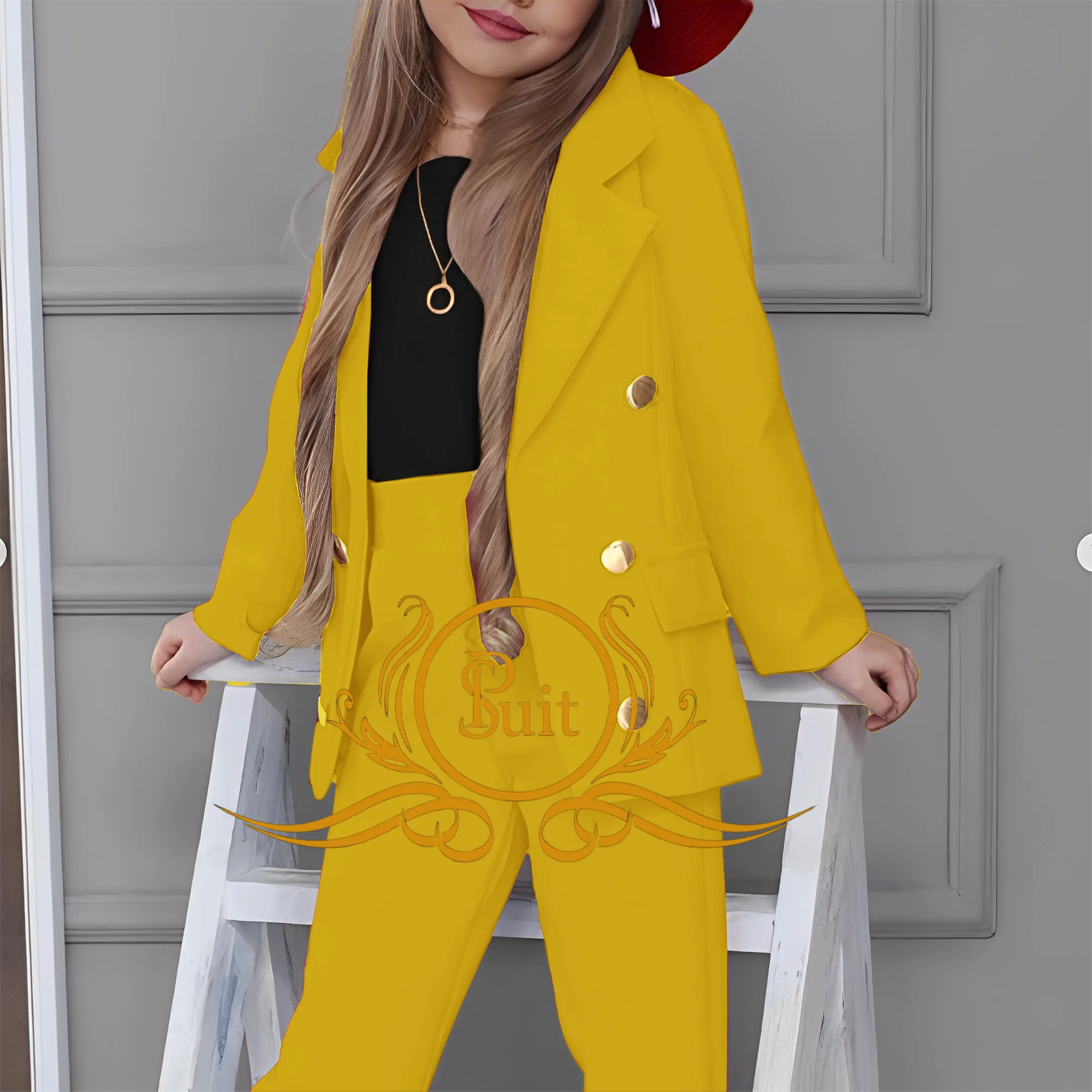 Girl Blazers Double Breasted Lapel Suits Fashion Kids Jacket+Pants Set Loose Formal Teenage Casual Outfit